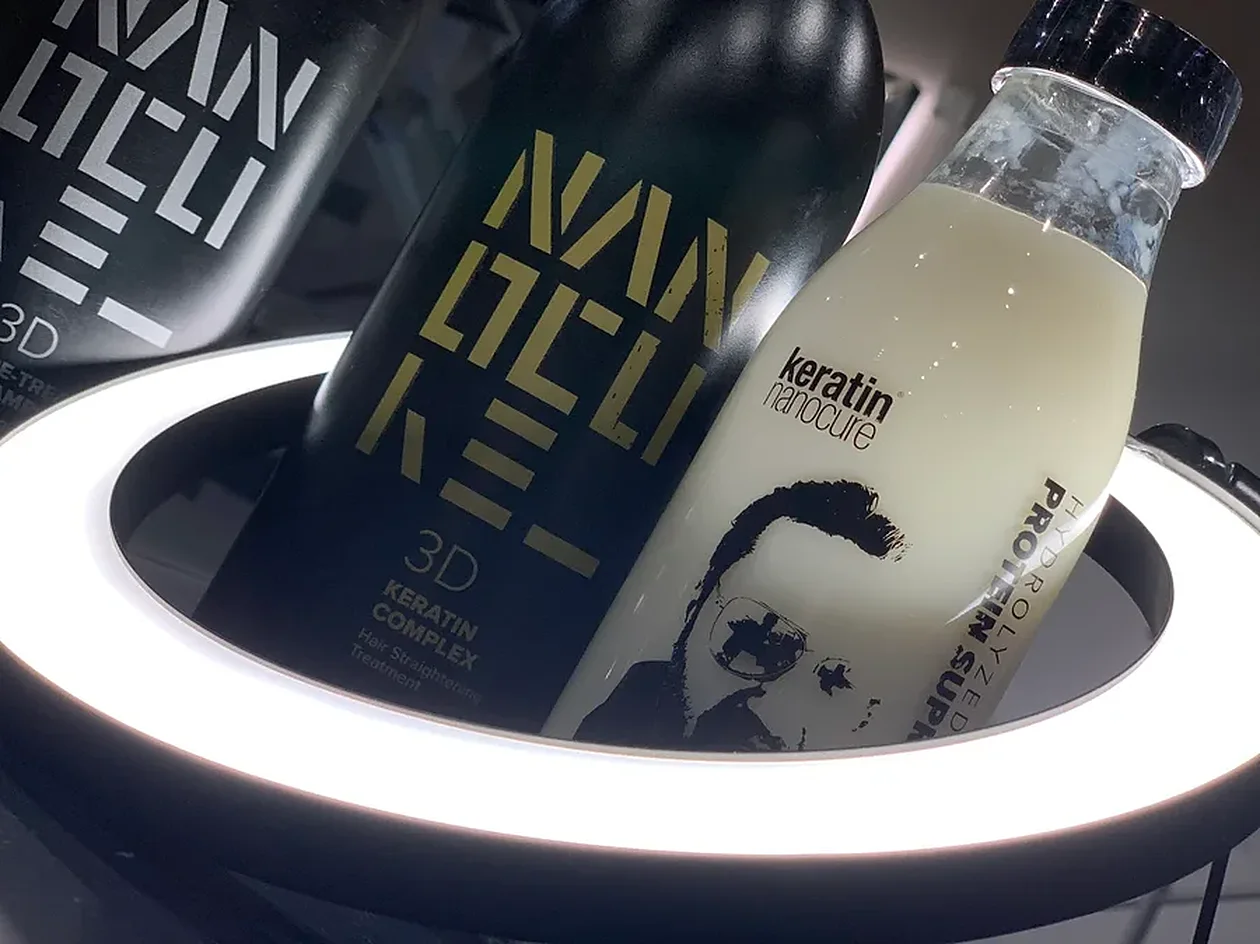 Keratin treatment products under the salon ring light